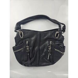 B MAKOWSKY Black Leather Tote Hobo Handbag Boho Biker Zipper Shoulder Purse